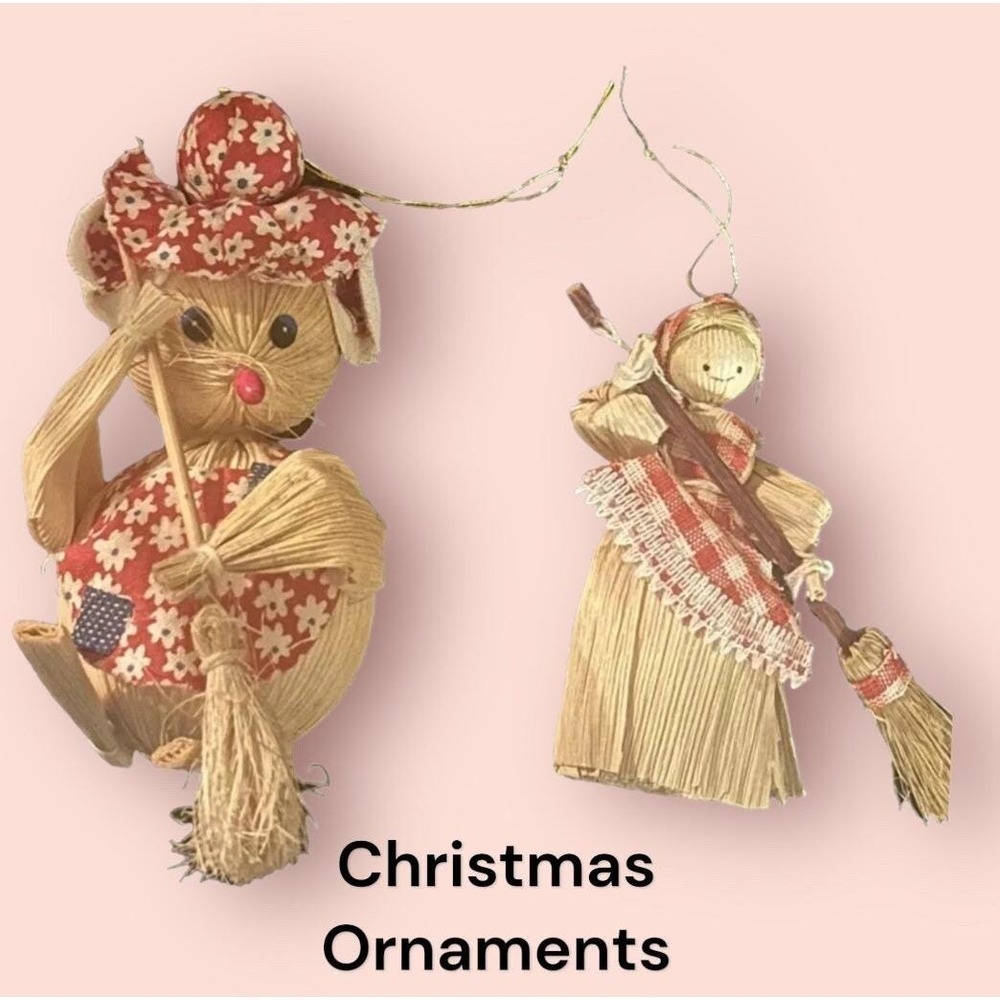 Corn Husk Ornaments Sweeping Woman Corn Husk Doll & Sweeping Mouse Lot Of 2‎